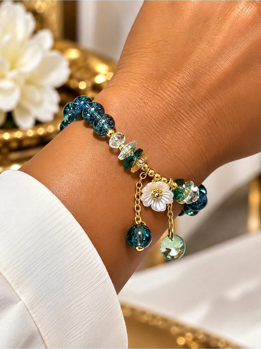 Beaded Charm Bracelet in Blue & Green Like New